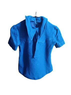 1OF1 XXS Vintage Blue Wool Short-Sleeve Blouse Matching Skirt Set 1970's Mod